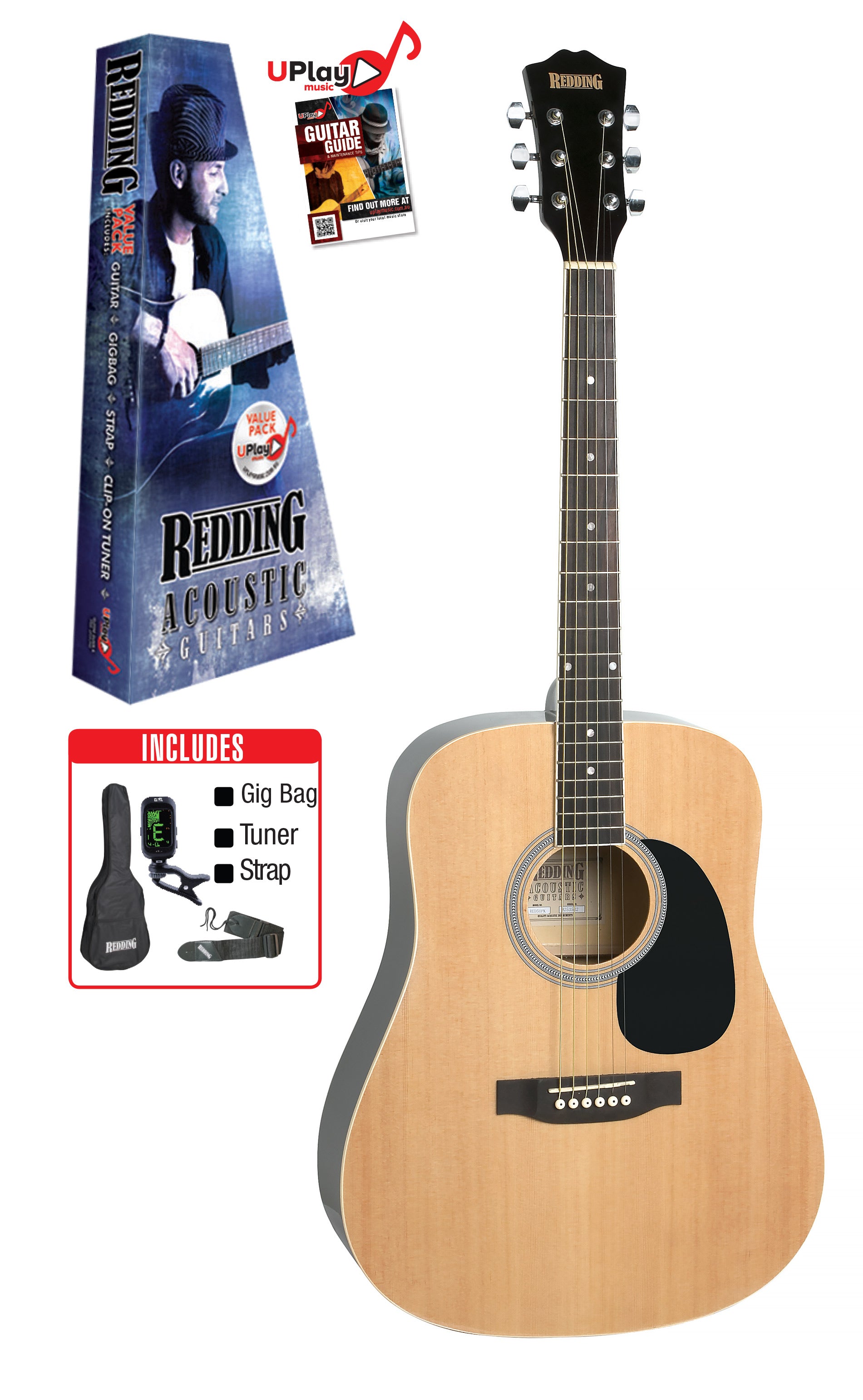 Redding | RED50PK | Dreadnought Guitar Package | Natural Redding | RED50PK | Dreadnought Guitar Package | Natural